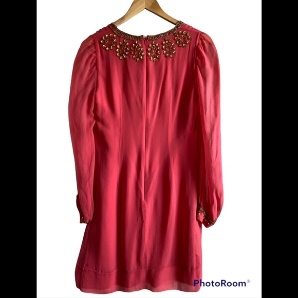 NWT French Connection Bex Beaded Coral Silk Long Sleeve Dress - size 6 - Picture 3 of 14
